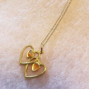 Double Heart Carnelian Gemstone Pendant Necklace on Gold Chain